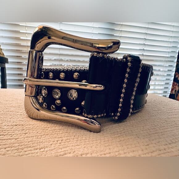 Guess Black Rhinestone Studded Vintage Signature Silver Buckle Belt Size XL - Picture 1 of 8